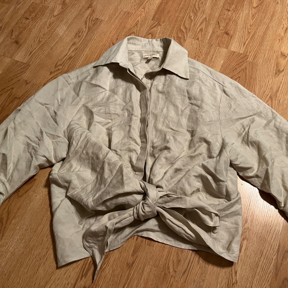 Ronny Kobo Tahlia Linen Rayon Slouchy Tie-Front Blouse M